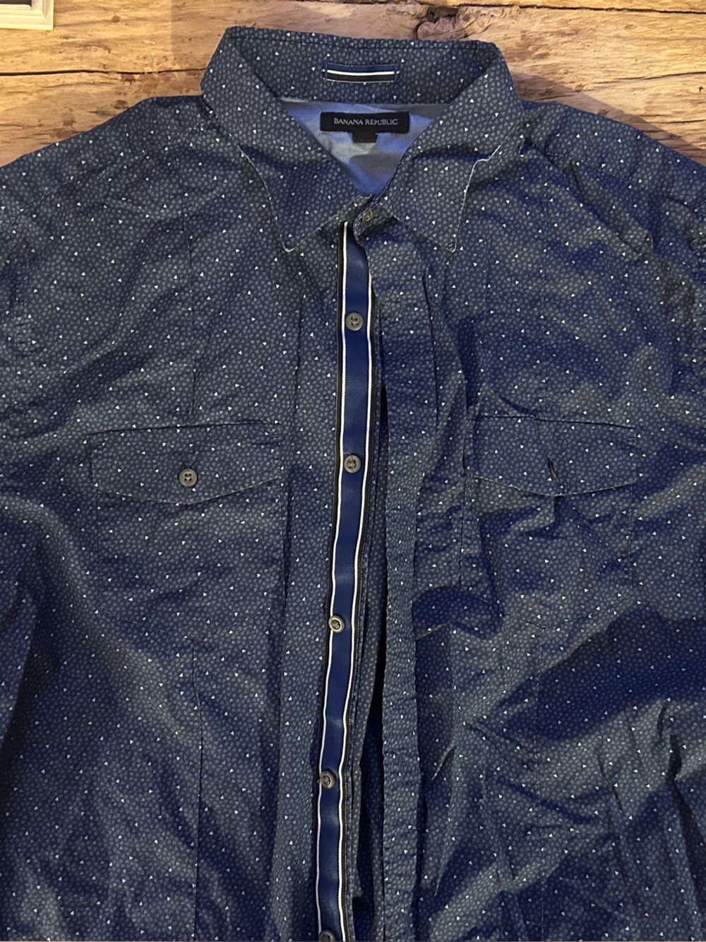 Navy Blue Button-Up Shirt with Micro Dot Pattern